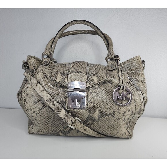 Michael Kors Jenna Tan Python Snakeskin Embossed Large Tote Shoulder Bag Purse - Picture 10 of 16